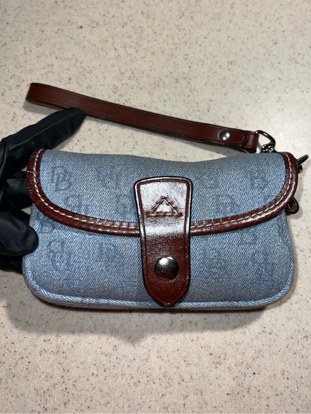 Dooney & Bourke Denim Wristlet with Brown Leather Trim